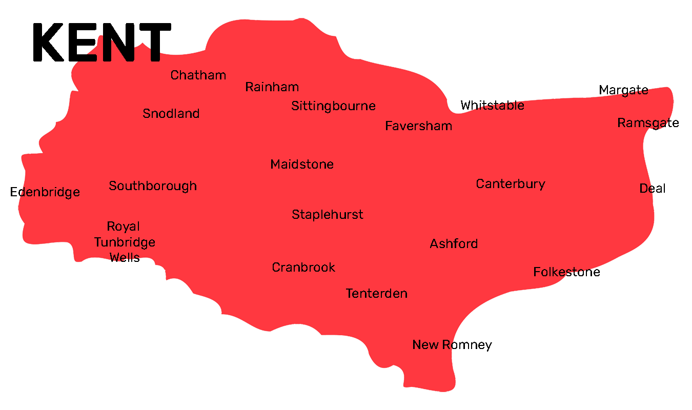 Map of Kent showing, Whitstable, Canterbury, Dover, Folkestobe, Ashford etc
